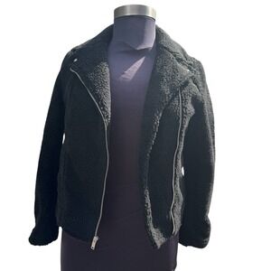Old Navy Black Sherpa‎ Moto Jacket Size M Faux Fur Fleece Biker Coat gothcore